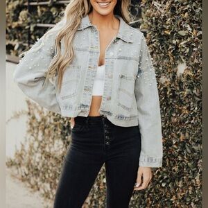 NEW! POL Denim Jacket With Pearls and Lace Detail